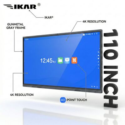 110인치 4K UHD 인터랙티브 화이트보드: 40포인트 적외선 멀티 터치 스마트 보드, 블루라이트 차단 강화 유리 및 건메탈 그레이 메탈릭 프레임 (교육 및 기업 회의실용)